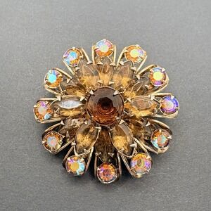 Vintage Brown & Amber Rhinestone Floral Brooch w/ Aurora Borealis AB Crystals